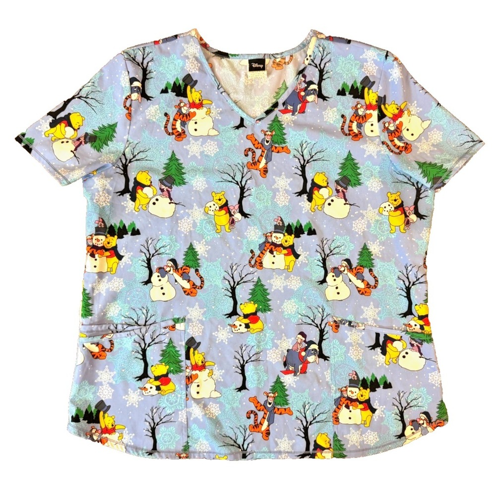 Winnie the Pooh Tigger Scrub Top XL Performance Stretch Poly Snowman Winter Snow